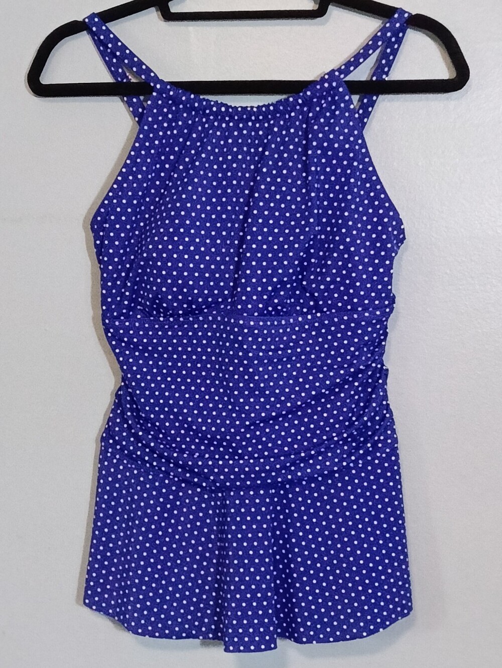 Kim Rogers Polka Dot High Neck Peplum Tankini Top Swim Top Size L Blue and White